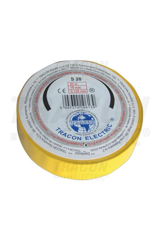 Szigetelőszalag sárga 18mm x 20m PVC 90°C max. TRACON - S20