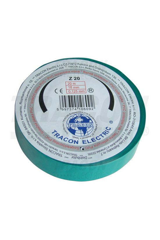 Szigetelőszalag zöld 18mm x 20m PVC 90°C max. TRACON - Z20