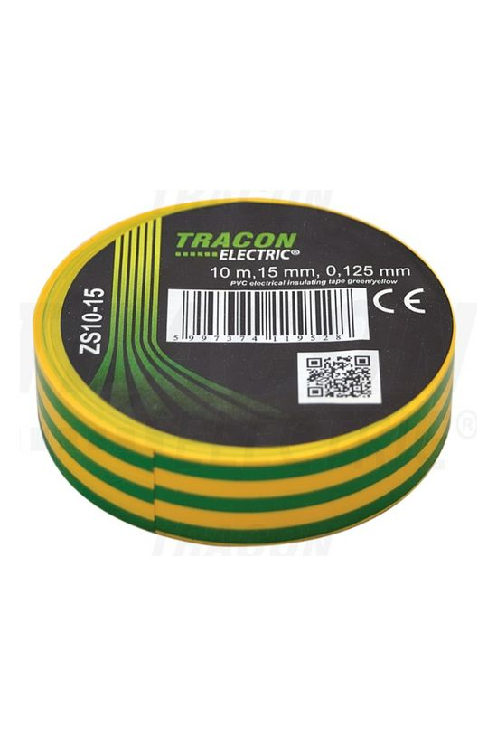 Szigetelőszalag zöld/sárga 15mm x 10m PVC 90°C max. TRACON - ZS10-15
