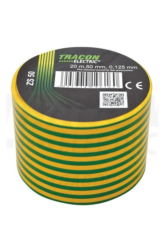 Szigetelőszalag zöld/sárga 50mm x 20m PVC 90°C max. TRACON - ZS50