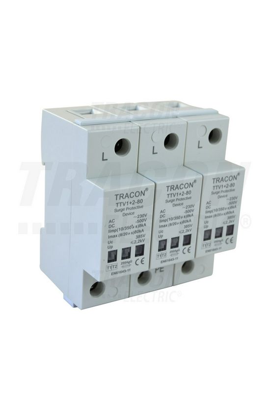 Túlfeszültség-levezető 3P T1+T2 TT TN IT 230V/AC 5M 8kA-imp(10/350) TRACON - TTV1+2-80-3P