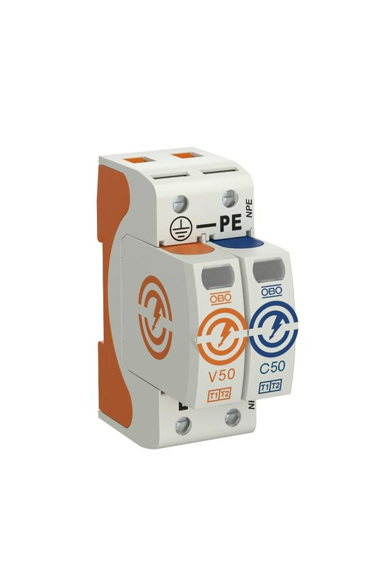 Túlfeszültség-levezető kombi 2P T1+T2 TT TN-S TN-C-S TN 230V/AC 2M V50-B+C 1+NPE OBO-BETTERMANN - 5093522