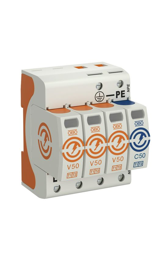 Túlfeszültség-levezető kombi 4P T1+T2 TT TN-S TN-C-S TN 230V/AC 4M V50-B+C 3+NPE OBO-BETTERMANN - 5093526