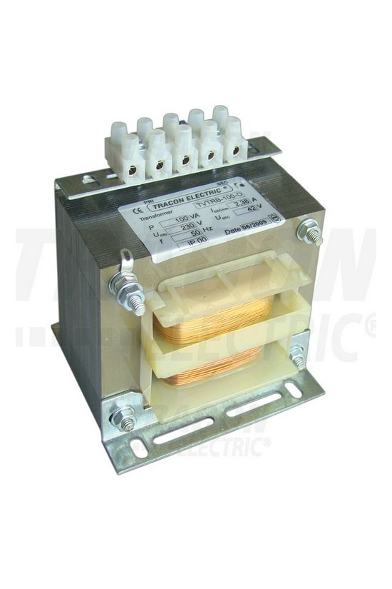 Vezérlőtranszformátor 2/1F biztonsági 100VA 230V/prim 400V 6V/szek 12V 24V IP00 T100 TRACON - TVTRB-100-A