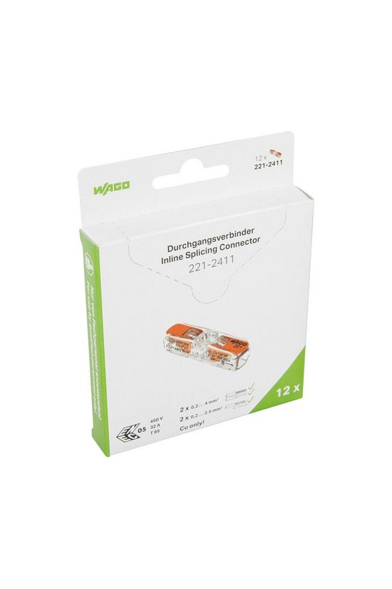 Vezetékösszekötő csomag (12db) 2-pólus 0.2-4mm2 32A 450V átlátszó működtetőkarral WAGO - 221-2411/995-012